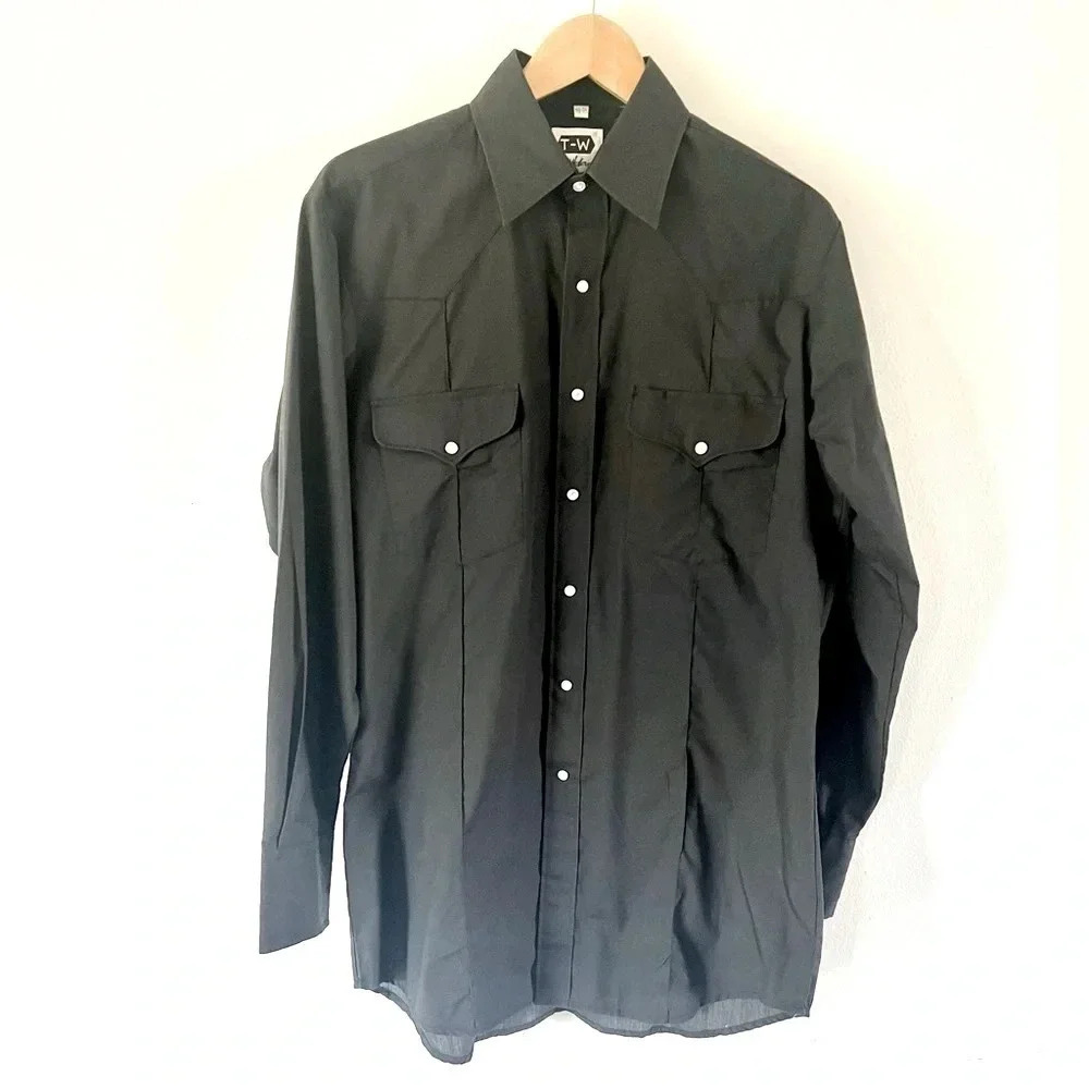 T-W Westerns‎ Vintage Black Pearl Snap Cowboy Western Button-Up Shirt Sz 15.5-34